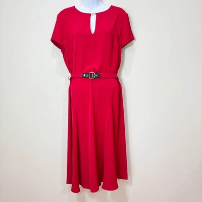 Ralph Lauren Georgette Midi Dress 12 Red Fit Flare Silky Belted Holiday Heritage - Image 1 of 4