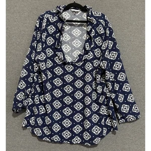 Crown & Ivy | Women's Navy Blue Open Neck Long Sleeve Blouse | Large - Picture 1 of 3