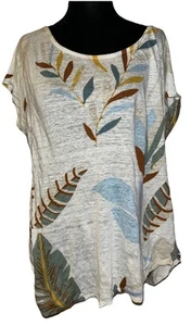Cynthia Rowley 100% Linen XL Short Sleeve Multicolor Leaves Print Pullover - Picture 1 of 7