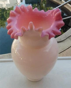 Jarrón alto vintage rosa y blanco con estuche soplado a mano/boca - Imagen 1 de 8