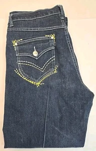 Old Skool Jeans Womens Size 14 Bold Stitching Baggy Dark Wash Flap Over Pockets - Picture 1 of 15