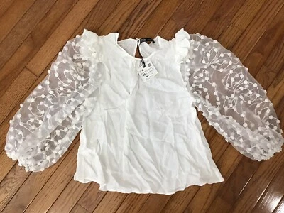 NUEVO Top de organza Zara Blanco LUNARES, Mangas Transparentes Globo, Talla XS Cerradura Foto 1 de 4