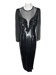 Vintage 80s  A.J. Bari Black Sequins Silk Dress Size 14 Beautiful Elegant Sexy L - Picture 1 of 12