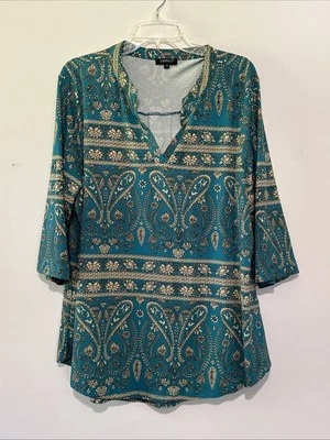 Othyroce Top Blouse Womens 2X Blue Paisley Tunic Boho Cottagecore Business Y2K - Image 1 of 4