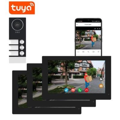 TUYA Phone Unlock 3 Units WIFI 4PIN Wired Video Doorbell intercom 7" 10" Screen - Image 1 of 4