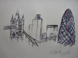 Original pen & ink wash Cityscape skyline drawing of London bridge & The Gherkin - Picture 1 of 12