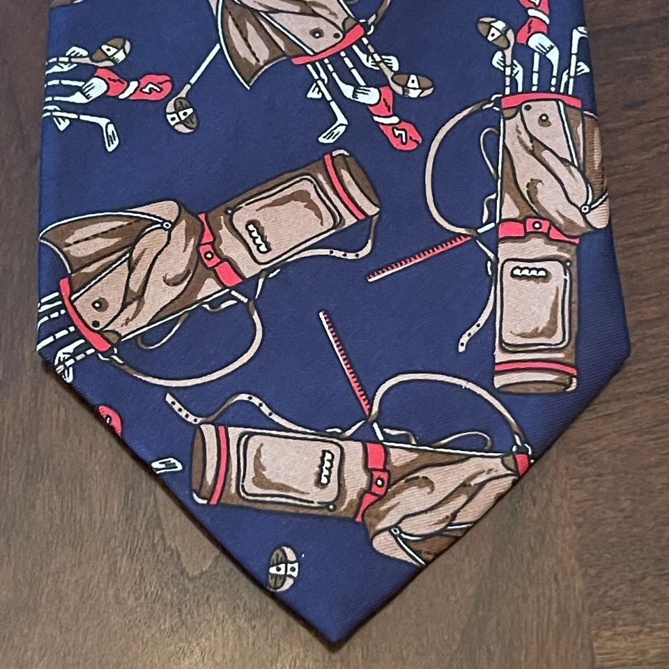 Vintage Alynn Blue Brown 100% Silk Mens Neck Tie Golf Club Print  - Image 1 of 4