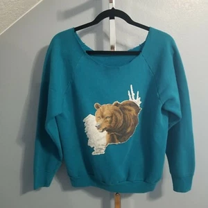 Sudadera vintage con apliques de oso pardo para mujer cuello redondo azul azulado talla mediana - Imagen 1 de 8