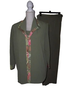 Alfred Dunner 3 Piece Green Pants Suit Beaded Mixed Sizes 10-12 Macrame Belt - Picture 1 of 11