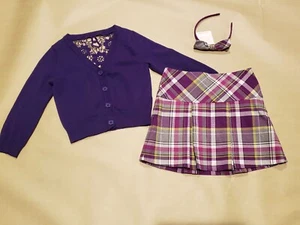 NWT Janie & Jack City Museum skirt bow headband  cardigan jacket 5 plaid purple - Picture 1 of 7