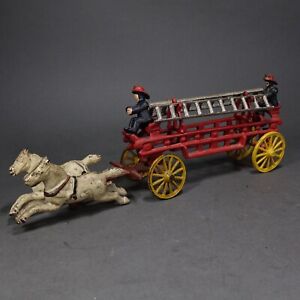 Vintage Cast Iron Hand-Painted Hook and Ladder Horse Drawn Fire Wagon Toy