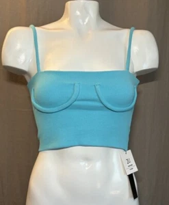 Iris NWT Square Neck Ribbed Knit Stretch Tube Sexy Crop Tank Top Blue Small - Picture 1 of 11