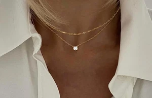 14K Gold Diamond Necklace, 1/4CTW - 1/2CTW Lab Grown Diamond Solitaire Necklace - Picture 1 of 4