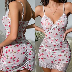 Elegant Lace Nightdress Women Sexy Sleepwear V Neck Sleeveless Pajamas - Picture 1 of 33