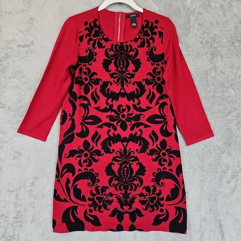 Alfani Sweater Dress Womens Size XS Red Black Floral Paisley 3/4 Sleeve Holiday - Image 1 of 4