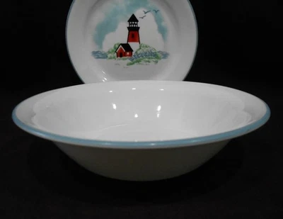 ❤️ NMC Corelle OUTER BANKS 18-oz SOUP BOWL Powder Blue Rim / Lighthouse Nautical - Image 1 of 4