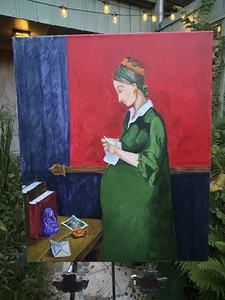 Portrait einer Frau mit Kind liest einen Brief, Original Acryl auf Leinwand, 20x24 - Bild 1 von 15