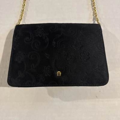 Bolso de Hombro Etienne Aigner Vintage Negro con Estampado de Flores de Cadena Dorada Foto 1 de 4