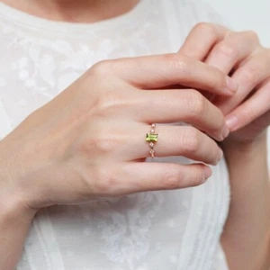 Emerald Cut Natural Peridot 14K Rose Gold Plated Silver Dainty Engagement Ring - Picture 1 of 6