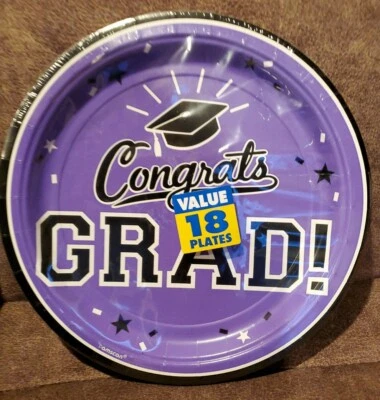 2pkgs of Congrats Grad 9" Plates 18ct X2 Graduation Purple School Color - Image 1 of 2