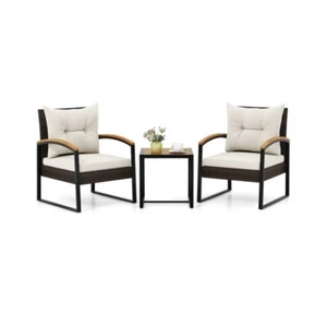 3 PCS Patio Conversation Dining Sofa Set W/ Acacia Wood Armrests & Coffee Table - Picture 1 of 10