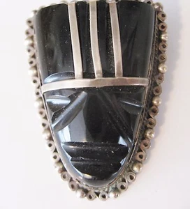  Hand Crafted Mexican Face Mask Broach 97.5 (sterling) Silver & Onyx - Picture 1 of 3