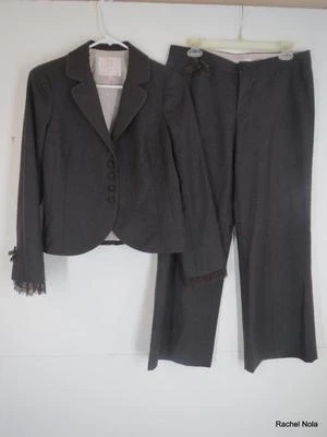 Rebecca Taylor Suit Pants Jacket Blazer $690 Size 6 S Wool Brown Lace Peplum Bow - Image 1 of 4