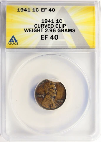 1941 1c Lincoln Cent Error Curved Clip ANACS EF40 Cover