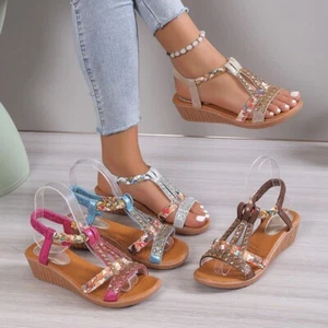 Womens Comfy Strappy Sandals Elastic Ladies Summer Open Toes Bling Shoes Size - Picture 1 of 19