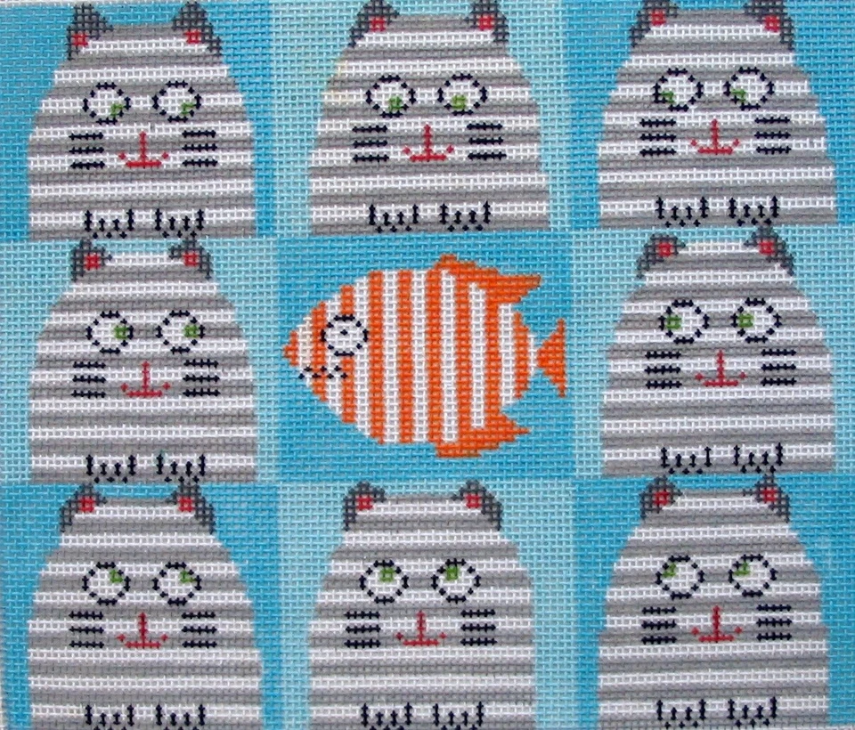 Hungry Cats Blue Hand Painted Needlepoint Canvas - Image 1 of 1