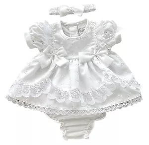 Baby Girl Dress Set Outfit Frilly Lace Bows Broderie Anglaise Headband White - Picture 1 of 10