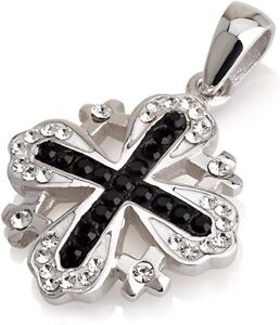 Jerusalem Cross Pendant Black Gemstones + Sterling Silver 925 chain