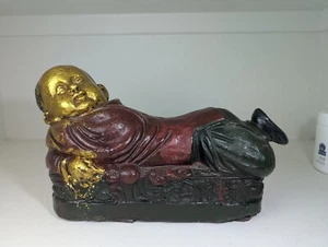 Antique Chinese Gilt and Polychrome Lacquered Ceramic Reclining Laughing Buddha - Picture 1 of 5
