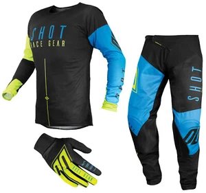 SHOT ALPHA PANT & JERSEY MOTOCROSS ENDURO MX COMBO KIT BLUE NEON YELLOW - Picture 1 of 8