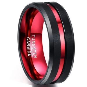 8mm Mens Red and Black Ring Men's Black Matte Finish Tungsten Wedding Ring Be... - Picture 1 of 7