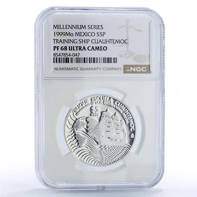 Mexico 5 pesos Cuauhtemoc Centennial Navy School Ship PF 68 NGC silver coin 1999 - Image 1 of 4