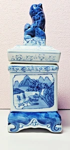 Sublime Foo Dog Lid Ginger Jar Blue White Square Base Footed - Tea Caddy Vintage - Picture 1 of 7