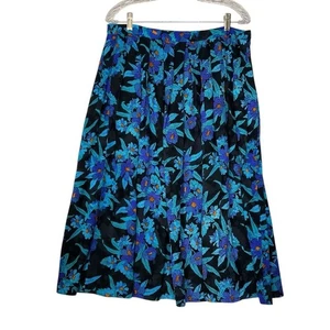 Vintage Anne Crimms for Umi Collections Gr. 14 Seide Blumen Midirock blau schwarz - Bild 1 von 5