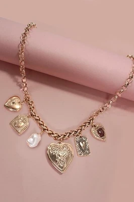 Chapado en Oro Dije Collar Medallones Corazones Perla Cadena Distintiva Inspirada en Colección Foto 1 de 4