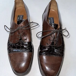 Zapatos Florentinos Bostonianos Cuero Marrón Cocodrilo Acentos Repujados Hechos en Italia 9M - Imagen 1 de 14