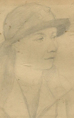 Desenho a lápis antigo retrato original de mulher com chapéu assinado - Imagem 1 de 4