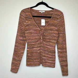 Madewell Multi Color Striped Long Sleeve Stretch Knit Tie Front Top Sz XL NWT - Picture 1 of 12