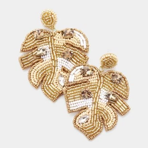 NEW Big Gold Ivory Beige Monstera Tropical Plant Rhinestone Seed Bead Earrings - Picture 1 of 1