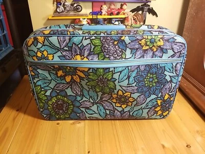 老式 60 年代/70 年代复古蓝色行李箱织物拉链行李箱花卉日本 — 第 1/4 张图片