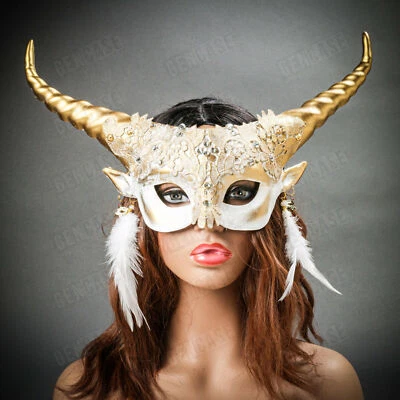Krampus Creature White Fairy Lace Gold Long Horn Wedding Masquerade Party Mask - Image 1 of 4