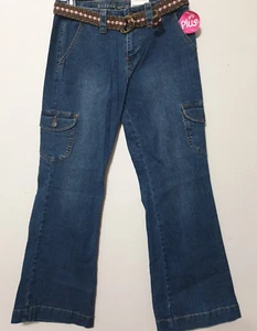 New Arizona Jean Co. Girl's Flare Cargo Jeans Size 12.5 Plus Belted Dark Blue - Picture 1 of 19