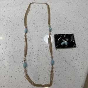 Vintage Avon Multi-Chain Gatsby Necklace Goldtone Light Blue & Earrings - Picture 1 of 7