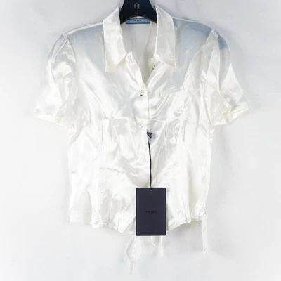 Prada Short-Sleeve Collared Satin Shirt In White W/ Waist Tie Women's Size EU 38 - Image 1 of 4