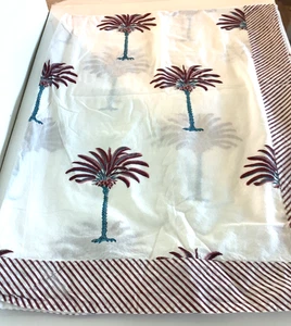 Hand Printed 100% Cotton Tablecloth 60x90" Palm Trees Red White Blue - Picture 1 of 11