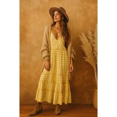 Maxi Vestido Free People Amarillo Guinga | Boho Western Volantes en Niveles | Grande Foto 1 de 4